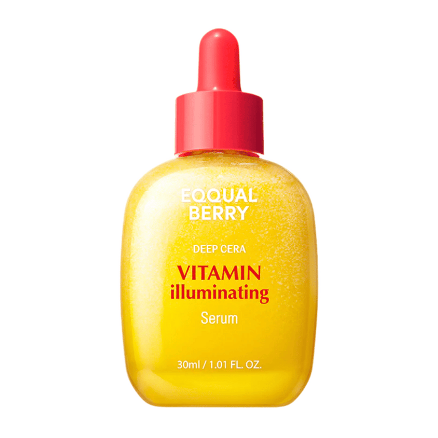 Equal Berry Vitamin Illuminating Serum i en gul skimrande flaska med röd pipett. Ger lyster och näring för en strålande hud.