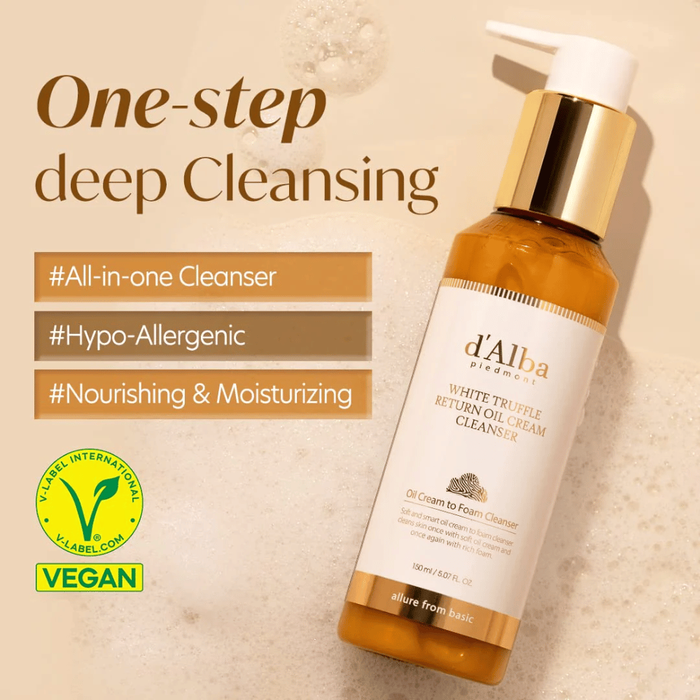 d'Alba White Truffle Return Oil Cream Cleanser är en vegansk, hypoallergen rengöringskräm med ett-steps djup rengöring. Denna allt-i-ett rengörare är närande och återfuktande, och omvandlas från olja till skum för att effektivt rengöra huden och lämna den mjuk och fräsch.