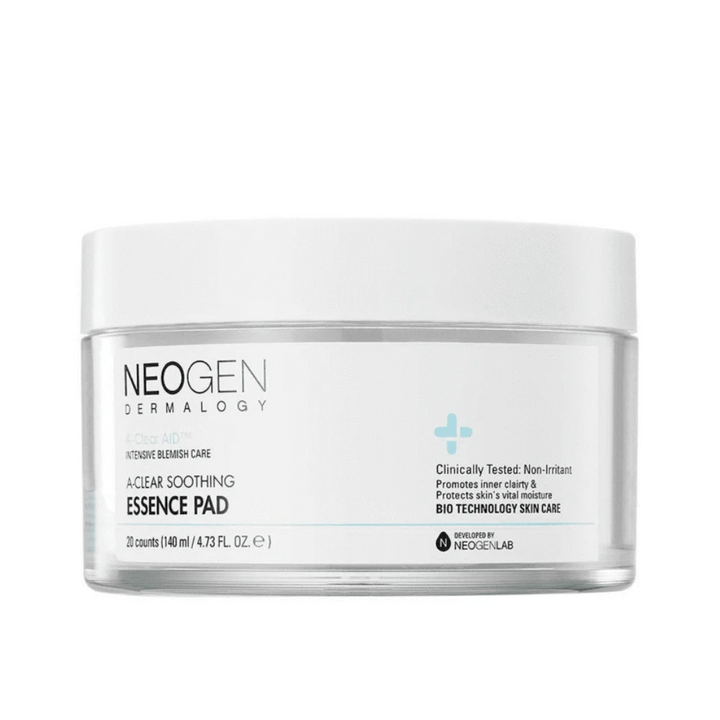 NEOGENs Dermalogy A-Clear Aid Soothing Essence Pad 140ml ökar kollagenproduktionen och tar försiktigt bort döda hudceller.