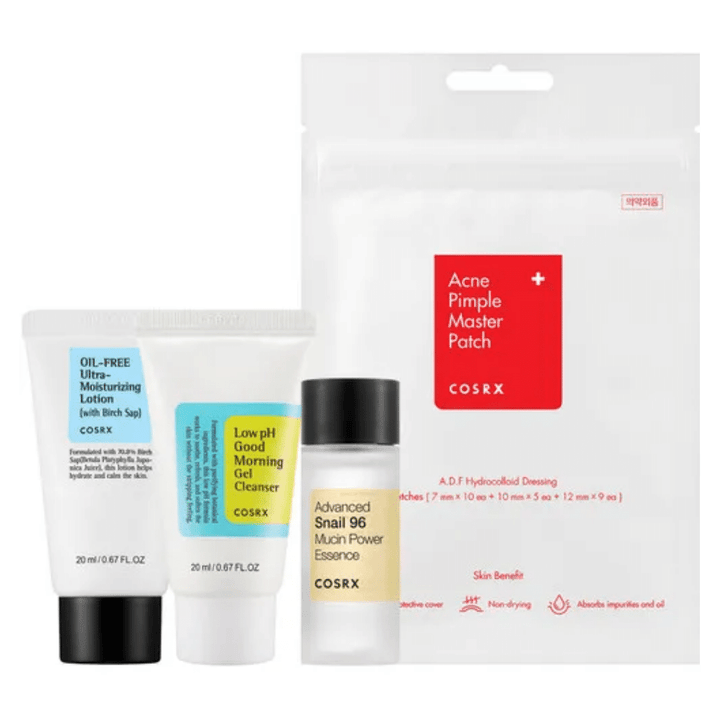 Koreanska hudvårdsprodukter: COSRX Favorites Best Seller Set, inklusive Acne Pimple Master Patch och Low pH Good Morning Gel Cleanser.