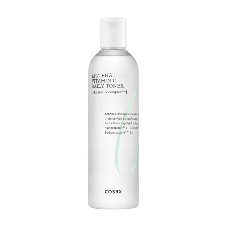 En flaska COSRX Refresh AHA BHA Vitamin C Daily Toner 150ml på vit bakgrund.