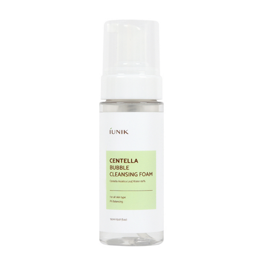 En flaska iUNIK Centella Bubble Cleansing Foam 150ml med pH-balanserande egenskaper på vit bakgrund.