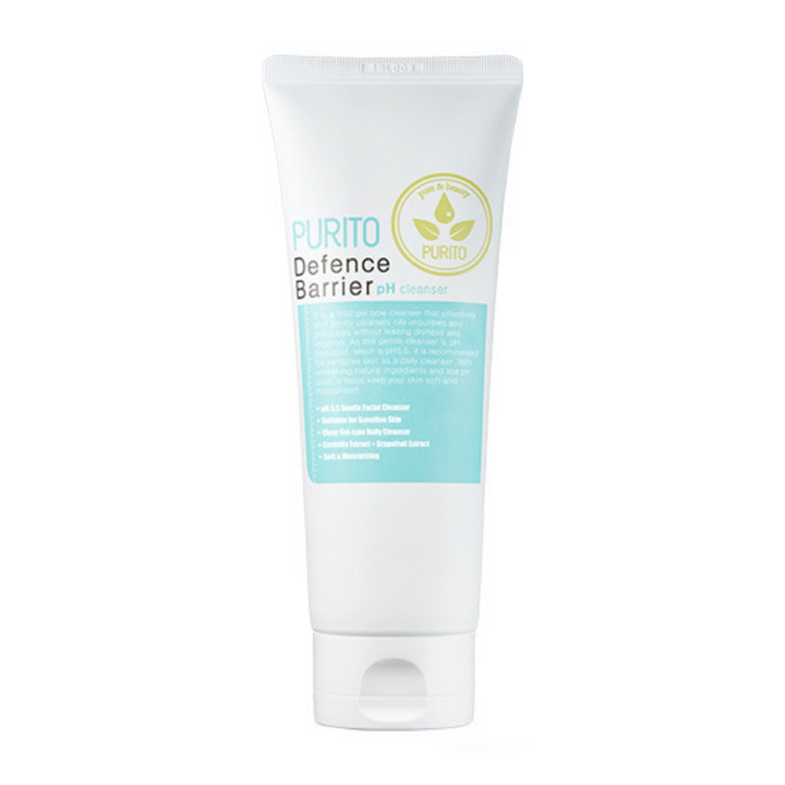 En tub PURITO Defence Barrier pH Cleanser 150ml med Centella asiatica på vit bakgrund.