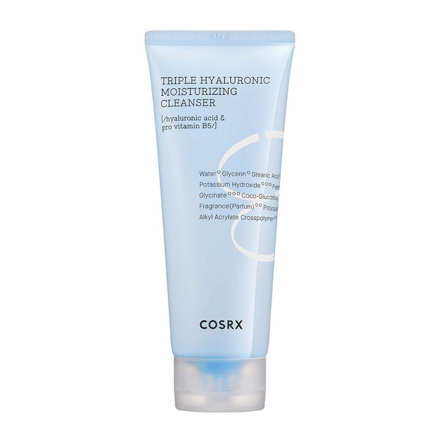 En tub COSRX Hydrium Triple Hyaluronic Moisturizing Cleanser 150ml på vit bakgrund.