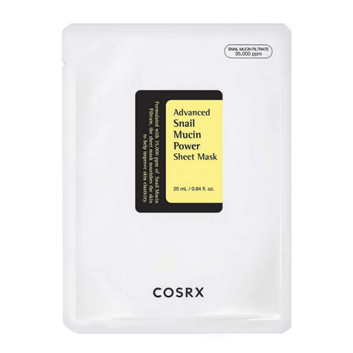 COSRX Advanced Snail Mucin Power Sheet Mask för snigelsekret och återfuktning.