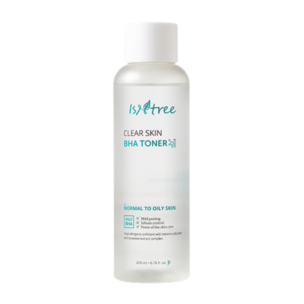 En flaska Isntree Clear Skin BHA Toner 200ml på vit bakgrund.