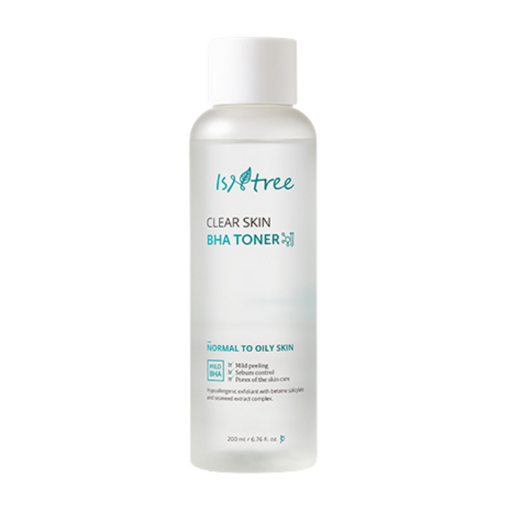 En flaska Isntree Clear Skin BHA Toner 200ml på vit bakgrund.