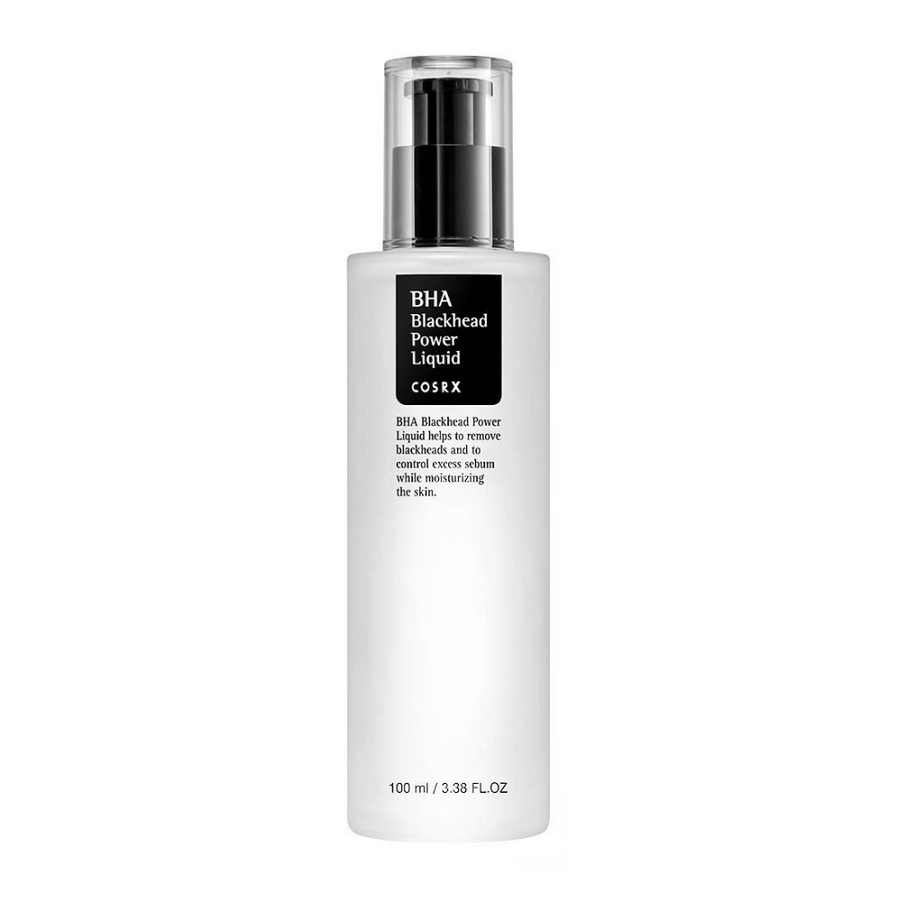 En flaska COSRX BHA Blackhead Power Liquid 100ml på vit bakgrund.